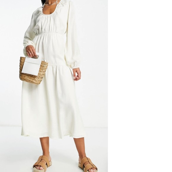TOP Shop Long Sleeve Gathered Midi Dress Cream Size 6‎ - Picture 1 of 6